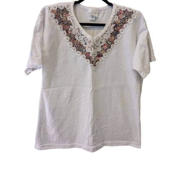 Fran's Floral Lace Floral Cottage Neckline V-Neck White Shirt Women's Size Large - Picture 1 of 8